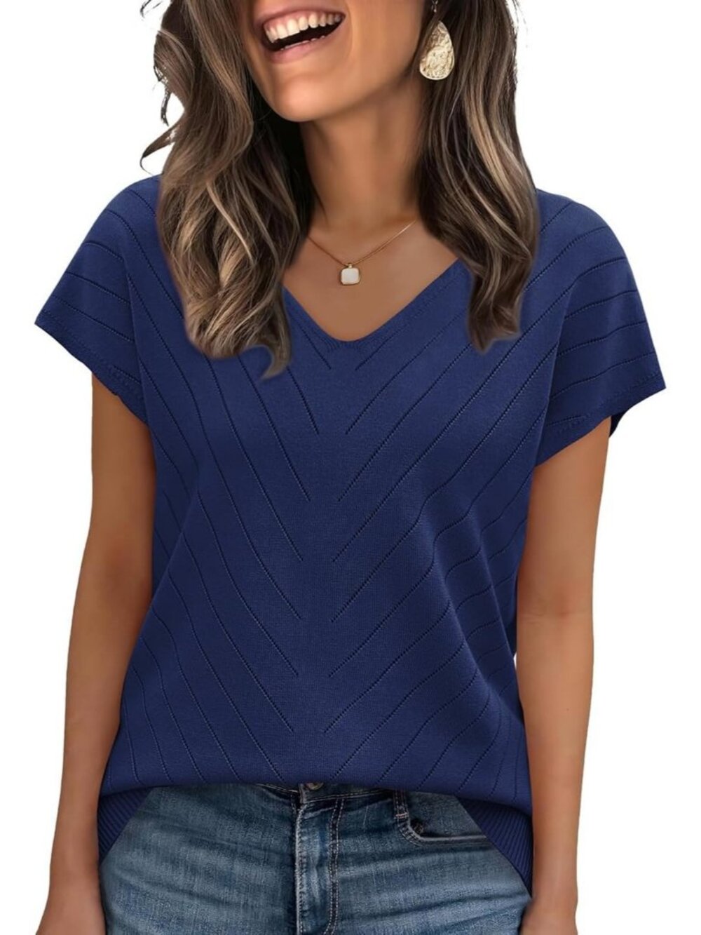 Women's Navy Trendy Summer Tops Sweater Pullover V-Neck Pull On Short Sleeve